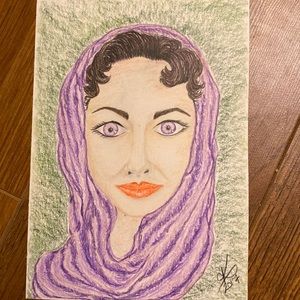Unframed Original Art Portrait of Glamorous Star Elizabeth Taylor Pencil Crayon